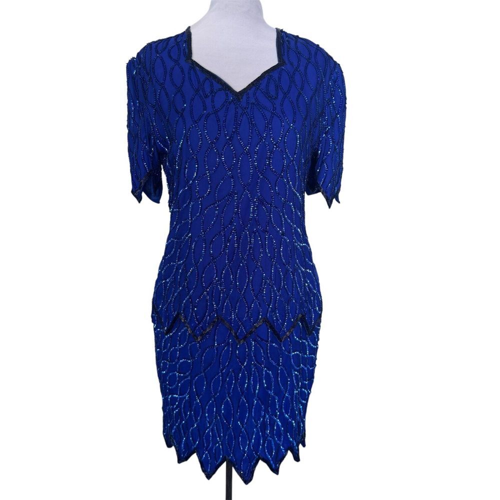 VTG Laurence Kazar Women PL Blue Silk‎ Sequin Beaded Cocktail Dress Deco Gatsby